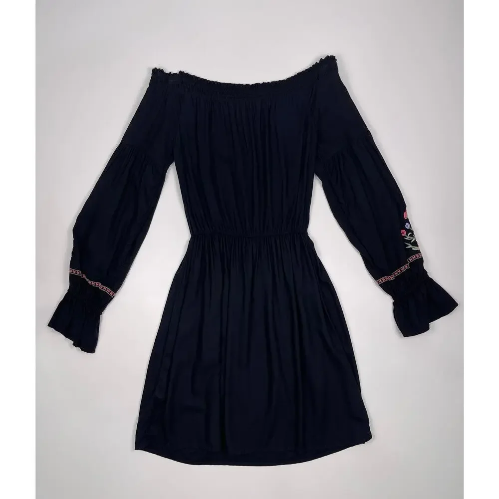 Hollister Size XS Black Floral Embroidered Long‑Sleeve Babydoll Dress - Picture 8 of 13